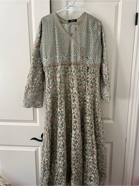 Embroidered Sage Green Floral Maxi Anarkali Dress